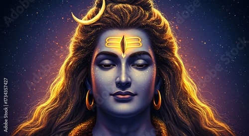 Digital artwork depicting a serene portrait of the Hindu deity Shiva, with a calm expression.