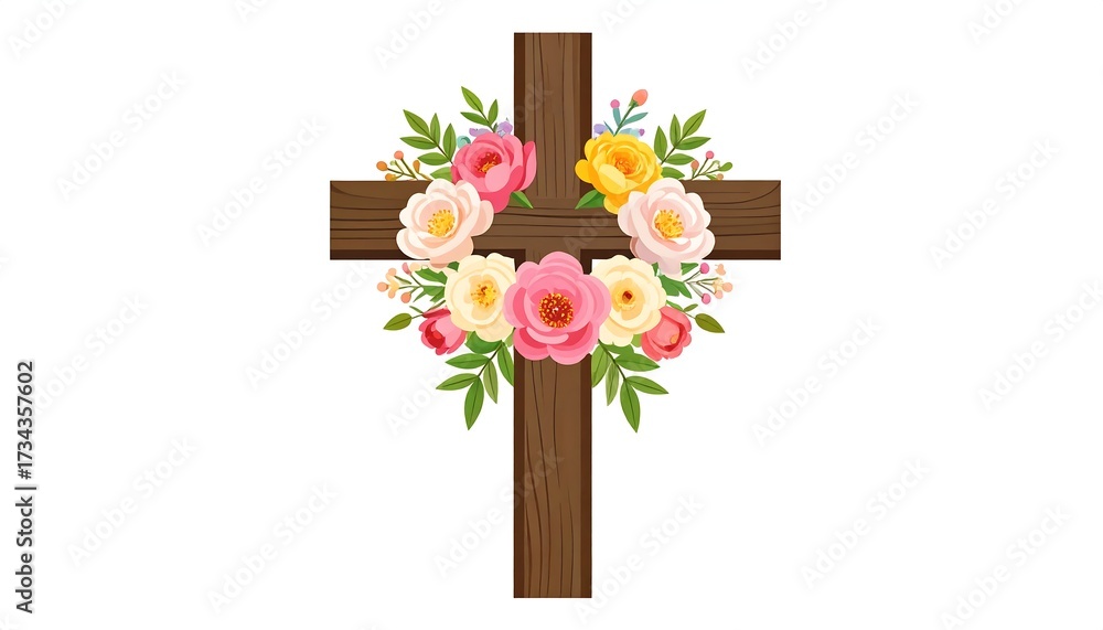 Fototapeta premium Wooden cross adorned with pastel flowers