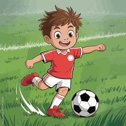 A cheerful young boy kicks a soccer ball on a grassy field, showcasing his enthusiasm and love for sports, perfect for children's illustrations and promoting active lifestyles.