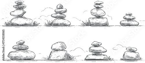 A collection of hand-drawn stacked stones illustrating balance and harmony in nature..