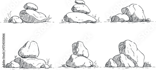 A hand-drawn illustration of various rocks and stones in different arrangements..
