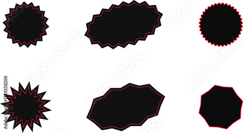 Black friday sticker. Red shopping labels collection. Sale or discount sticker. Starburst sticker set. Special offer price tag. Supermarket promotional badge. Promo stickers with star edges. Vector.