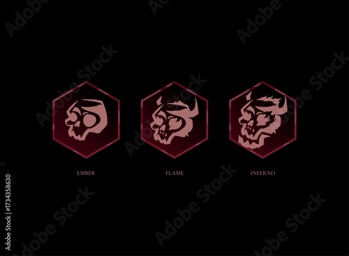 RPG enemy skull icon pack fantasy. Ember flame inferno difficulty emblem for game ui, pvp, boss, monster, dungeon, quest, hud, adventure, badge, clan, medieval, stage, roleplay, mmorpg design asset.