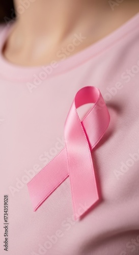 Pink ribbon on a woman’s chest wearing a pink t-shirt, close-up shot, vertical photo

