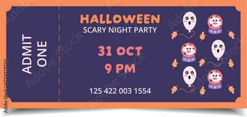 Spooky Halloween Party Invitation Ticket with Ghosts and Pumpkins