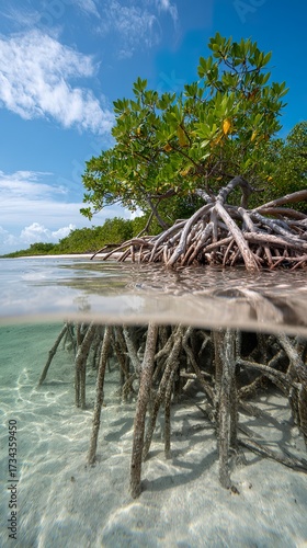 Mangrove roots in shallow water