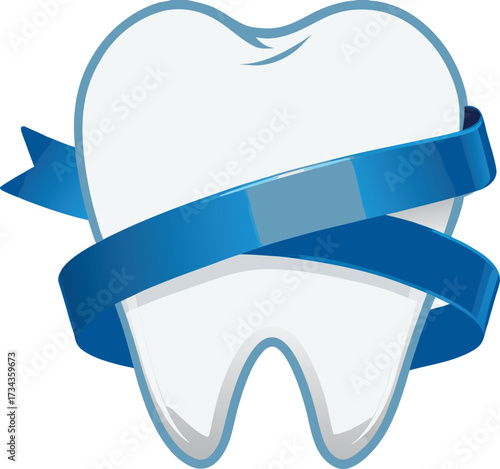 Tooth with Blue Ribbon Dental Care Logo