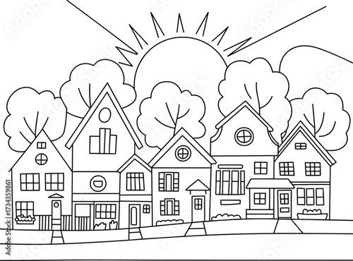 Row of Houses with Sun and Trees Coloring Page Outline buildings street
