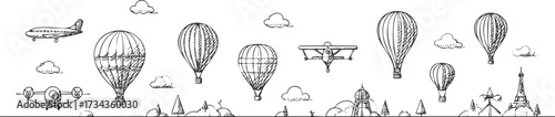 A whimsical illustration featuring various aircraft and hot air balloons against a cloudy sky..