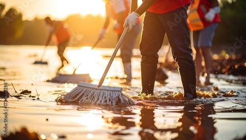 Volunteers Cleaning Up Flooded Area in Golden Sunlight