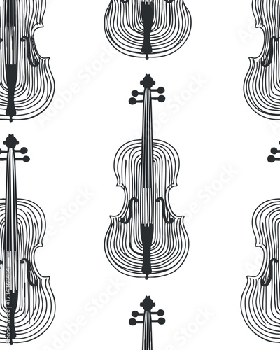 Stylized black and white pattern featuring violins, perfect for music-themed designs and decor..