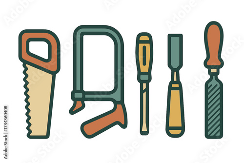 Collection of essential woodworking hand tools including a hand saw, coping saw, chisel, screwdriver, and file