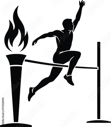 Athlete jumping over hurdle olympic torch flame abstract sports competition silhouette