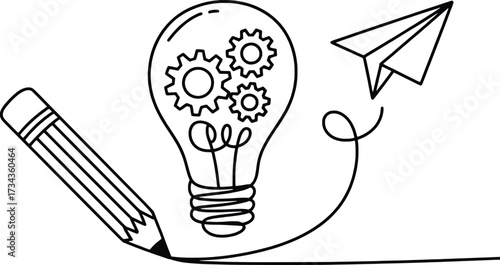 Drawn idea concept lightbulb with gears pencil and paper airplane flying high
