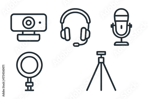Digital content creation equipment with webcam, headset, microphone, ring light, and tripod for online media
