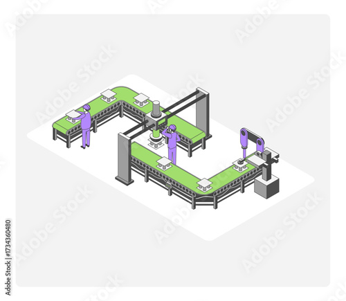 Cartoon Color Product Control Factory Conveyor Concept 3d Isometric View Line Elements. Vector illustration of Industrial Automation Process