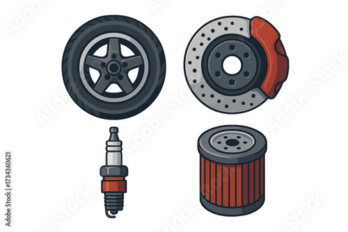 Automotive spare parts collection with car wheel, brake disc, spark plug, and oil filter on white background for vehicle maintenance and repair