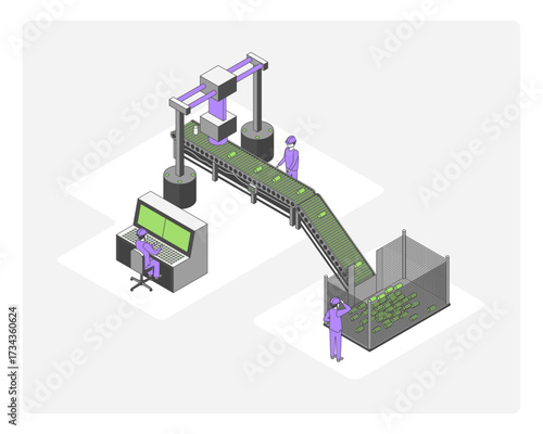 Cartoon Color High Tech Machinery Factory Conveyor Concept 3d Isometric View Line Elements. Vector illustration of Industrial Automation Process