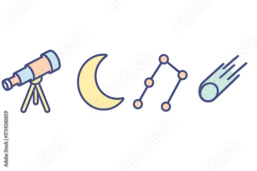 Detailed collection of astronomical objects and tools for space exploration, featuring a telescope, moon, constellation, and comet
