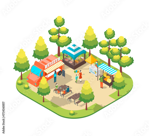 Cartoon Color Character People and Street Food Cart Park Summer Fest Concept 3d Isometric View. Vector illustration