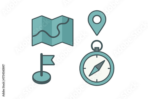 Essential navigation and location icons featuring a map, compass, pin marker, and destination flag