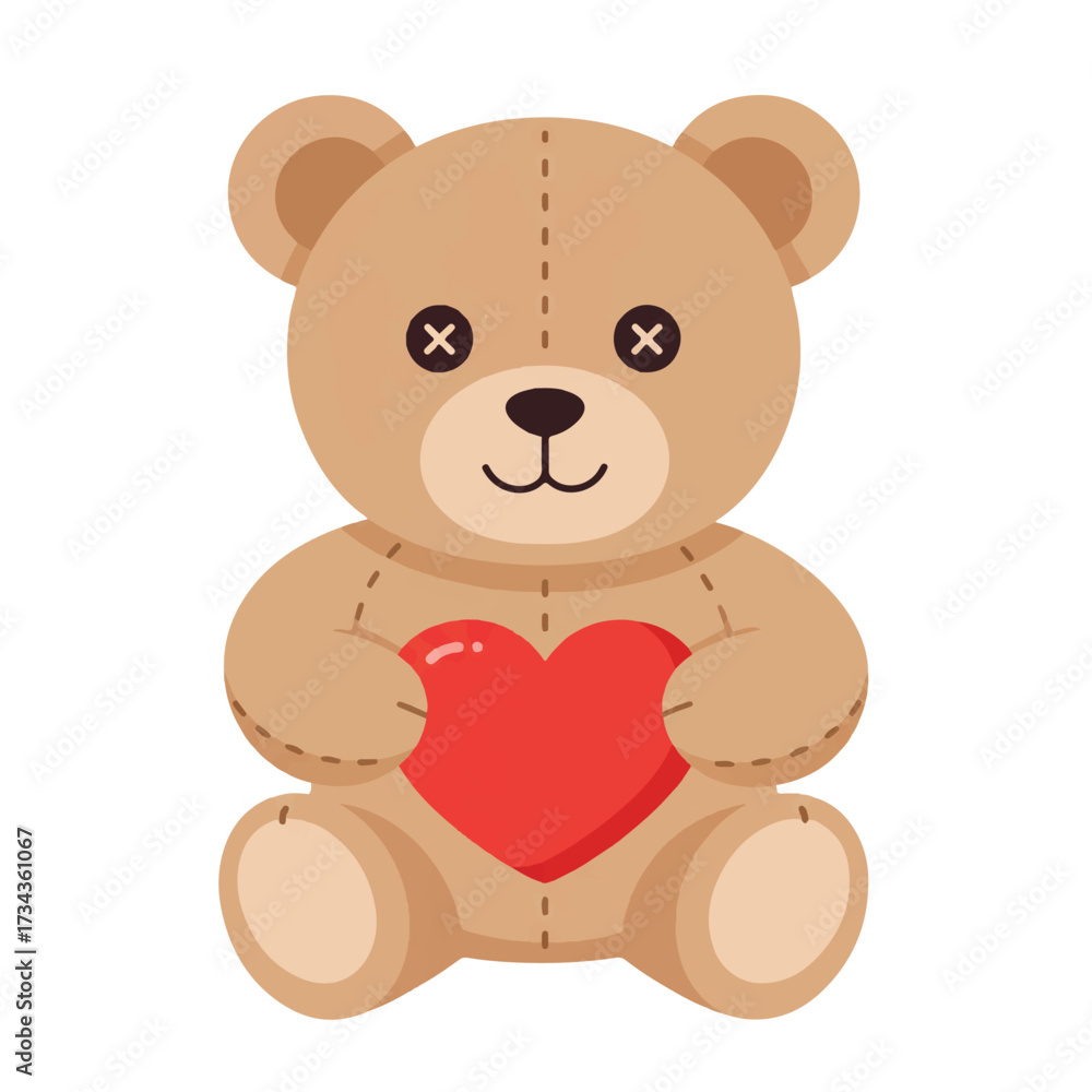 Fototapeta premium A charming flat 2D vector illustration features a cuddly brown teddy bear toy affectionately holding a bright red heart, presented on a clean white background.