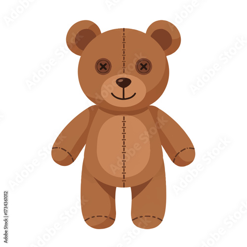 A charming flat 2D vector illustration features a cute brown teddy bear toy standing upright on a clean, plain white background, perfect for childhood themes and innocent concepts.