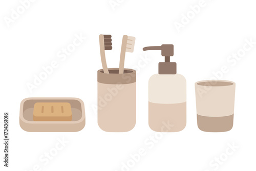 Daily bathroom hygiene essentials set with toothbrushes soap dispenser and cup for personal cleanliness routine