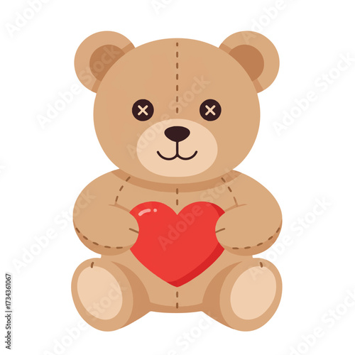 A charming flat 2D vector illustration features a cuddly brown teddy bear toy affectionately holding a bright red heart, presented on a clean white background.