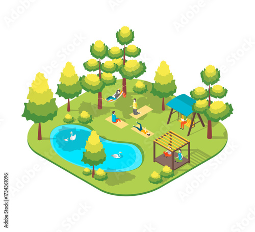 Cartoon Color Character People and Workout Outdoor Sports Scene Park Summer Fest Concept 3d Isometric View. Vector illustration