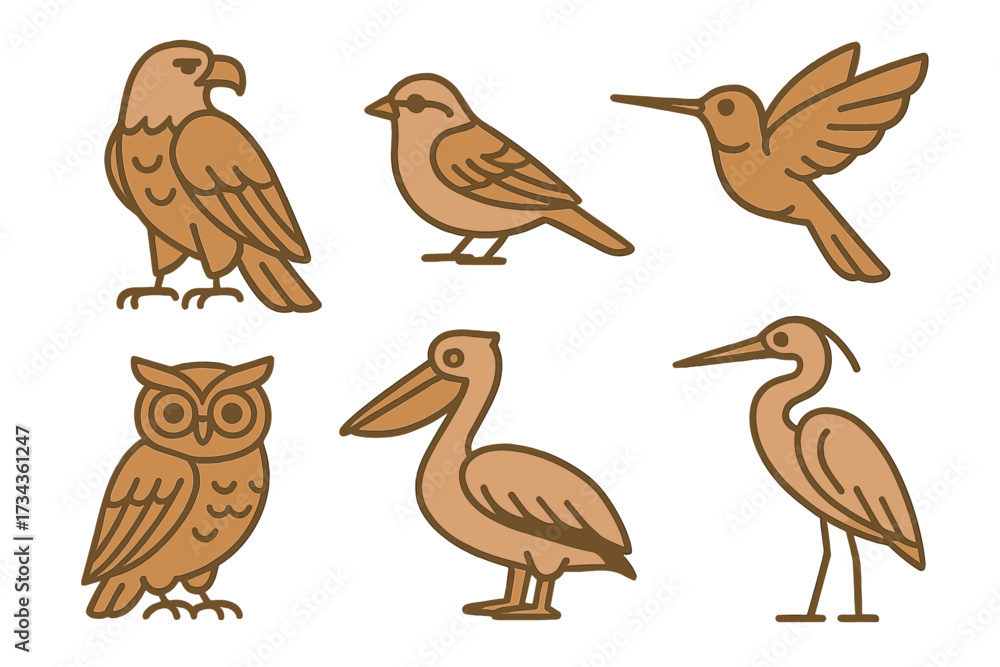 Obraz premium Stylized collection of diverse wild birds featuring an eagle, owl, pelican, hummingbird, sparrow, and heron in a modern graphic style