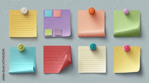 A collection of colorful sticky notes, each pinned neatly, offering a versatile visual for a range of communication and planning concepts. Capturing a sense of organization.