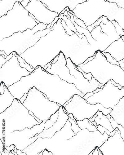 A minimalist black and white sketch of mountain outlines creating a seamless pattern..