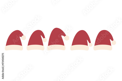 Collection of classic red Santa hats with white trim and pom-poms arranged in a festive row for holiday designs