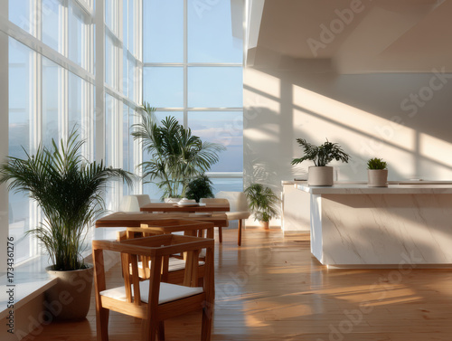 Sunlit modern apartment interior overlooking a vast ocean