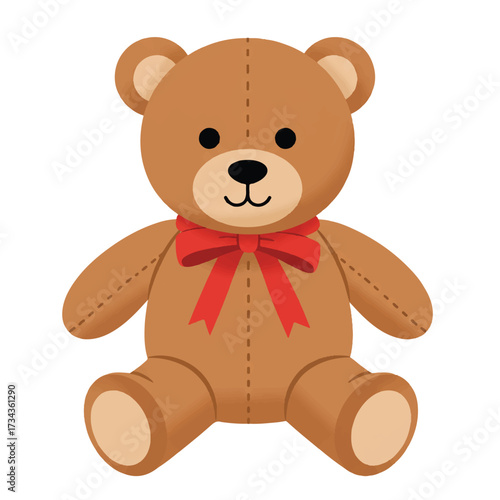 A charming teddy bear toy adorned with a decorative ribbon is presented as a clean flat 2D vector illustration, isolated against a pristine white background.
