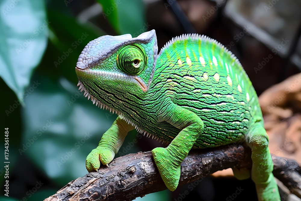 Fototapeta premium Majestic Veiled Chameleon on Branch Vibrant Green Scales Reptile Portrait Exotic Pet Nature Photography