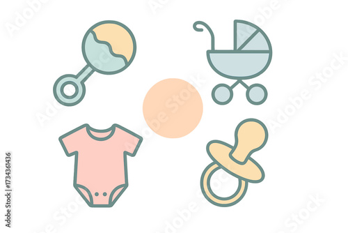 Assortment of essential baby items featuring a rattle, stroller, infant bodysuit, and pacifier in soft pastel colors