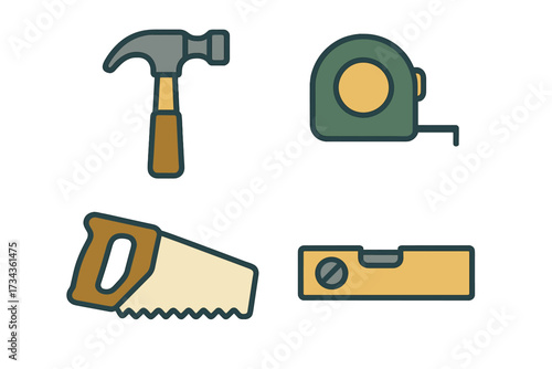 Essential construction and carpentry tools set including hammer, tape measure, hand saw, and spirit level