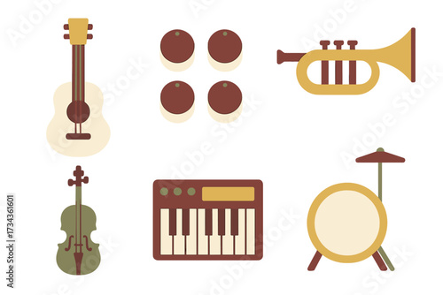 Stylized collection of diverse musical instruments including guitar violin keyboard trumpet and drum set for creative design