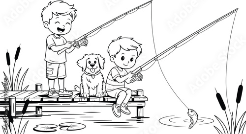 Two Boys and a Dog Fishing on a Wooden Pier by a Lake children kids