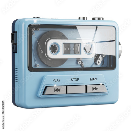 Stylish light blue portable cassette player with a transparent lid and silver control buttons.