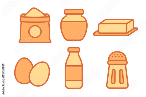 Essential kitchen ingredients for cooking and baking, featuring flour, eggs, milk, butter, honey, and salt shaker