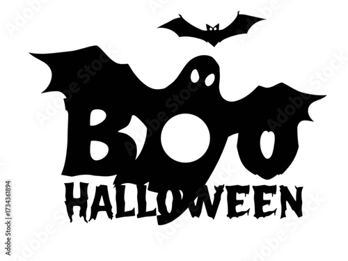 A Modern and Scary New Halloween Design: The Word 'BOO' integrated into a Single, Stylized Ghost Silhouette on a Transparent Background.
