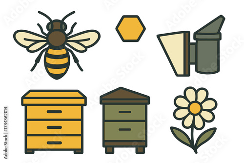 Honey bee, beehive, honeycomb, bee smoker, and flower elements for beekeeping and honey production