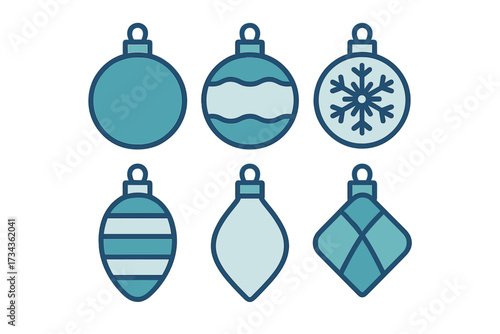 Assortment of decorative blue Christmas ornaments with unique patterns and shapes for festive holiday designs