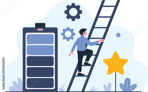 Person climbing ladder towards success symbol near battery and gears