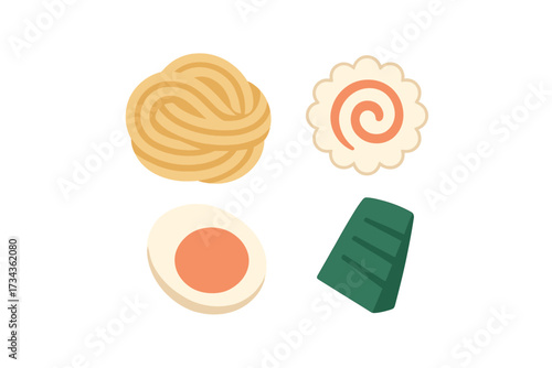 Assortment of traditional Japanese ramen noodle soup ingredients including narutomaki, egg, nori, and noodles