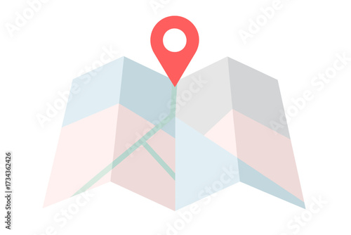 Folded paper map with a prominent red location pin indicating a specific point on a route or destination for travel