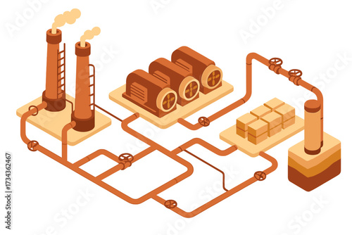 Isometric industrial factory with smokestacks, production machinery, interconnected piping system, and storage units